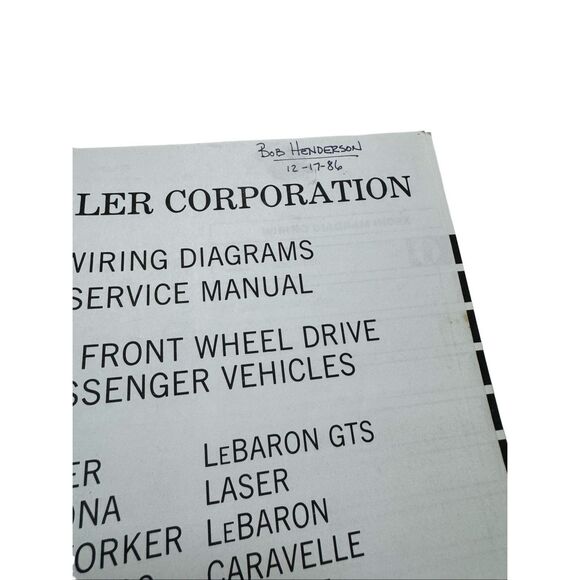 1986 Chrysler Service Manual Wiring Diagrams FWD Cars Charger Le Baron Daytona - Picture 5 of 6